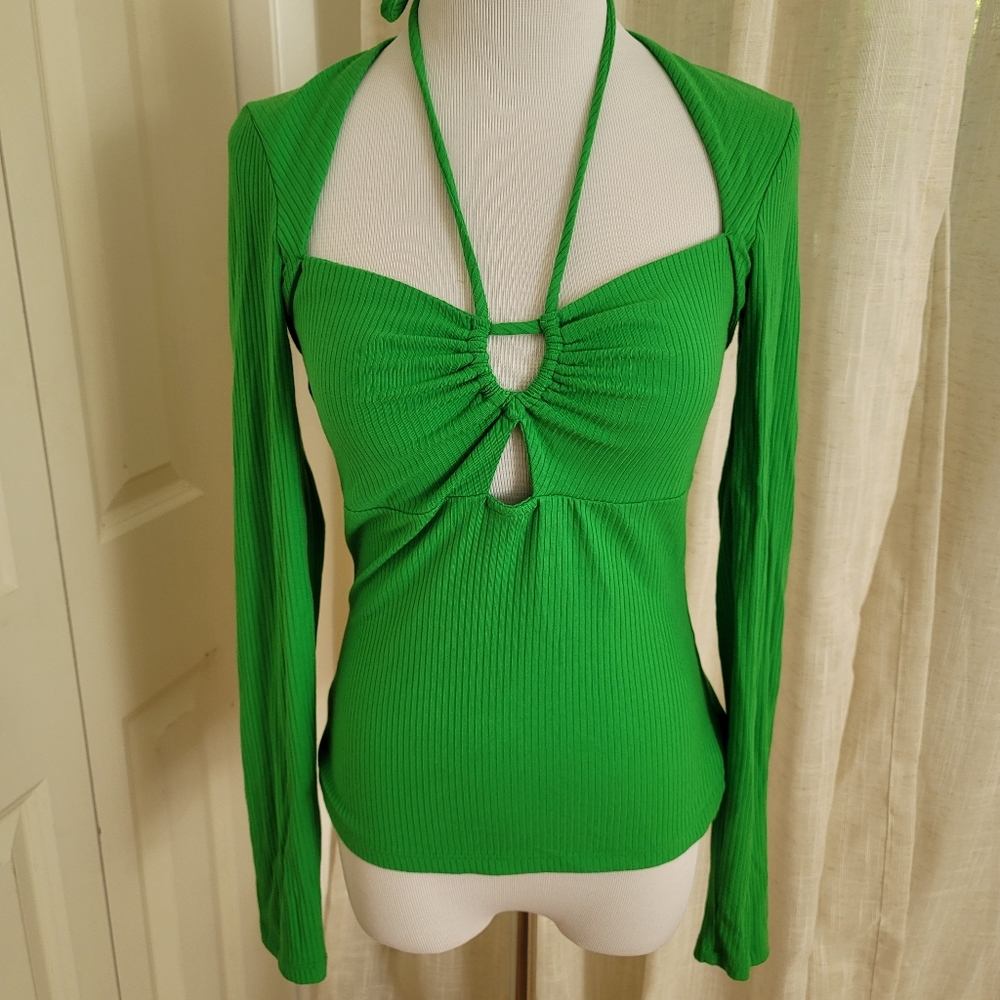 Jonathan Simkhai Green Ribbed Cutout Halter Long Sleeve Top